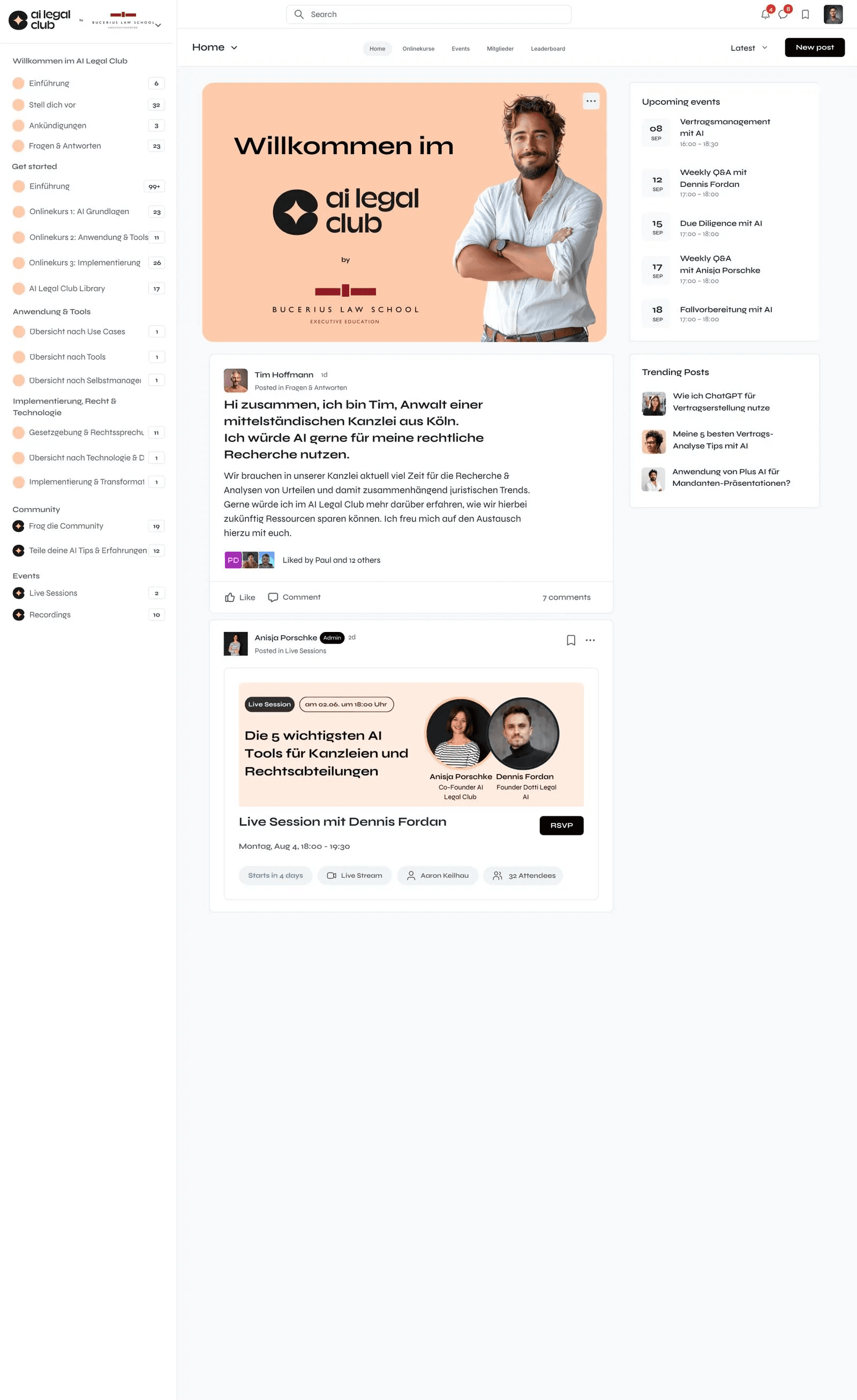 Die AI Legal Club Plattform: Willkommensseite mit Kursen und Beiträgen